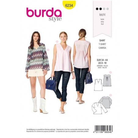 PATRON BURDA 6234 BLOUSE FEMME ENCOLURE EN V AVEC OU SANS MANCHES LONGUES